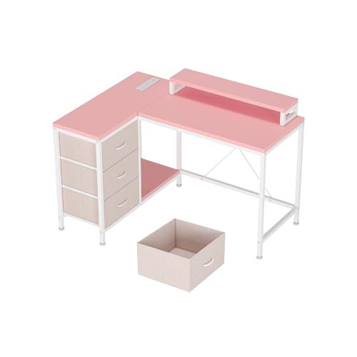 L Shaped Computer Desk with Power Outlets LED Lights Drawers Shelves Corner Gaming Desk Home Office Workstation Modern Ergonomic Design