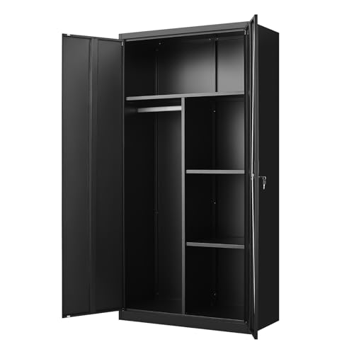 Avanroolux Metal Storage Cabinet with Lock, Large-Capacity Wardrobe Closet with Hanging Rod and Shelf, 71'' Clothing Coat Steel Storage Freestanding Wardrobe for Office, Home, School and Gym (Black)