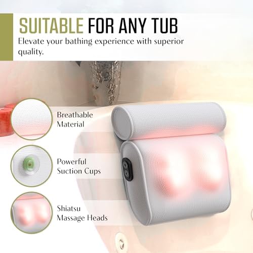 MONET Massaging Bath Pillow - IPX8 Waterproof Bath Pillow for Tub - Soft 4d Mesh Back, Neck and Shoulder Massager - Deep Tissue Relief and Relaxation - Non-Slip 6 Suction Cup - Fits All Tubs