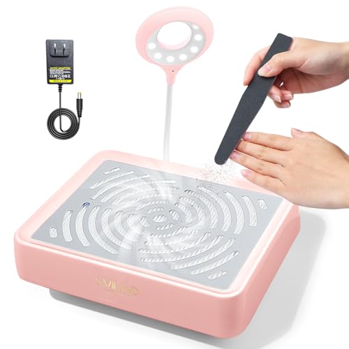 SAVILAND Nail Dust Collector with Lamp – Powerful Nail Vacuum Fan 40W Dust Collector Extractor Electric Dust Suction Machine with Reusable Filter for Acrylic Gel Nails Polishing, Low Noise, Pink