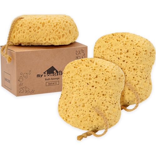 myHomeBody Bath Sponge, Foam Loofah, Body Scrubber for Bathing, Exfoliating Shower Pouf for Shower – Large Size, Lots of Lather, Curvy, 3 Pack