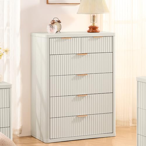 LEYAOYAO Fluted 6 Drawers Dresser for Bedroom, 43" Tall Modern Chest of Drawers with Metal Handle, Curved Profile Design,White Wood Drawer Organizer for Bedroom, Living Room, Hallway, Entryway