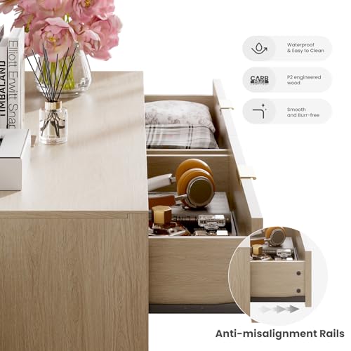 COLAMY Fluted Storage Cabinet with 6 Drawers, Buffet Sideboard Cabinet, Modern Wood Side Board, Living Room Cabinet with Metal Handles for Dining Room, Bedroom, Entryway, Hallway, Oak