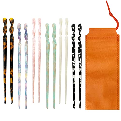 Acetate Tortoise Shell Hair Sticks - Leopard Print Hair Pins, 12 Pieces for Long Hair - Chinese Hair Styling Accessories for Women & Girls