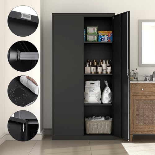 Avanroolux Metal Storage Cabinet with Lock, Large-Capacity Wardrobe Closet with Hanging Rod and Shelf, 71'' Clothing Coat Steel Storage Freestanding Wardrobe for Office, Home, School and Gym (Black)