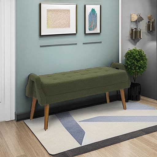 ECLYL Teddy Velvet Armrest Bench is Soft and Comfortable, with Dark Brown Wooden Legs That are Sturdy and Durable,inBedroom, Living Room, Family Room (Green)