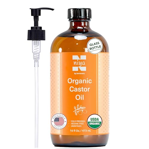 Niyavera 16oz Pure Castor Oil Organic Cold Pressed Unrefined, Hexane Free,Natural - Glass Bottle with Pump, USDA Certified, Golden Castor oil for Skin, Hair, Lashes, Nails & More