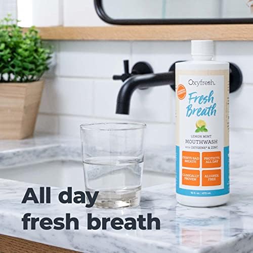 Oxyfresh Premium Lemon Mint Fresh Breath Mouthwash – Oral Rinse for Bad Breath – SLS & Fluoride Free Mouthrinse – Alcohol Free, Gentle Non Burning Mouthwash with Xylitol & Essential Oils, 16 oz