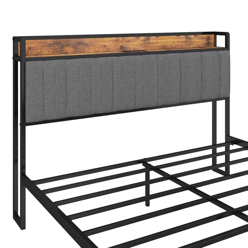 Bed Frame with Charging Station, Upholstered Headboard, Metal Platform, Grey Bed Frame