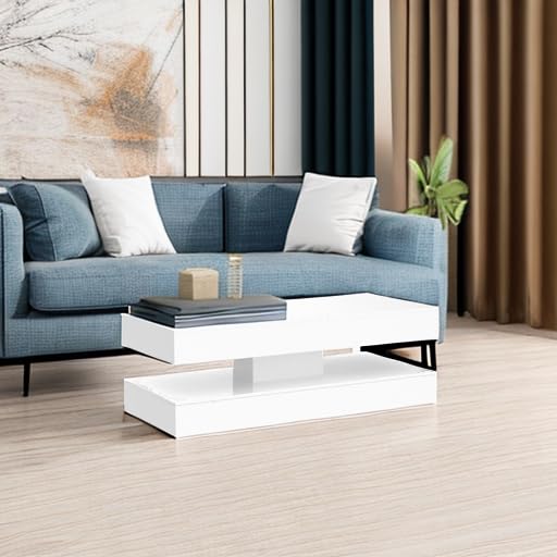 Uspeedy 47.3IN High Glossy LED Coffee Table,APP LED Lights,Black/White, Modern Furniture for Living Room (White)