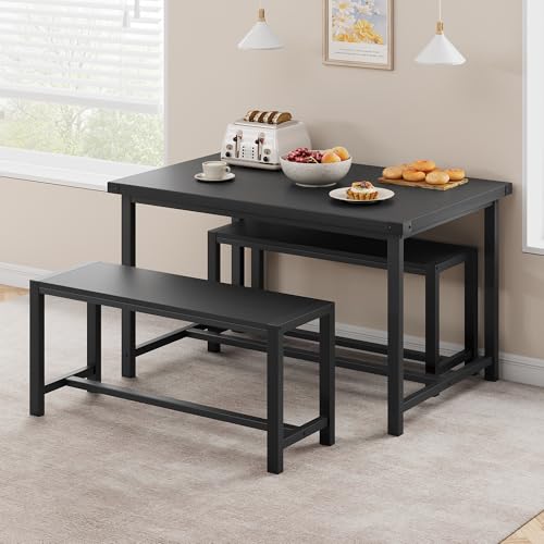 Garvee Dining Table Set for 4, Kitchen Table with Benches, 3 Piece Rectangular Dining Room Set with 2 Wooden Benches for Small Space, Apartment, Studio, Home, Rustic Black