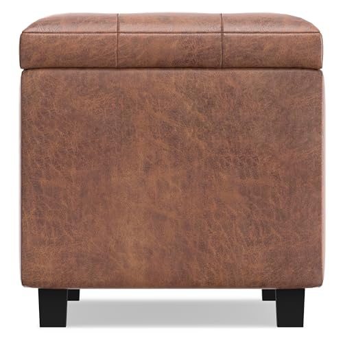 SIMPLIHOME Cosmopolitan 34 inch Wide Transitional Rectangle Storage Ottoman in Distressed Saddle Brown Vegan Faux Leather, Assembled, For the Living Room, Entryway and Family Room