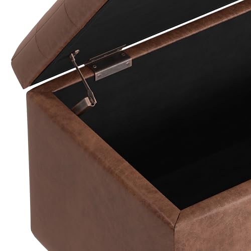 SIMPLIHOME Cosmopolitan 34 inch Wide Transitional Rectangle Storage Ottoman in Distressed Saddle Brown Vegan Faux Leather, Assembled, For the Living Room, Entryway and Family Room