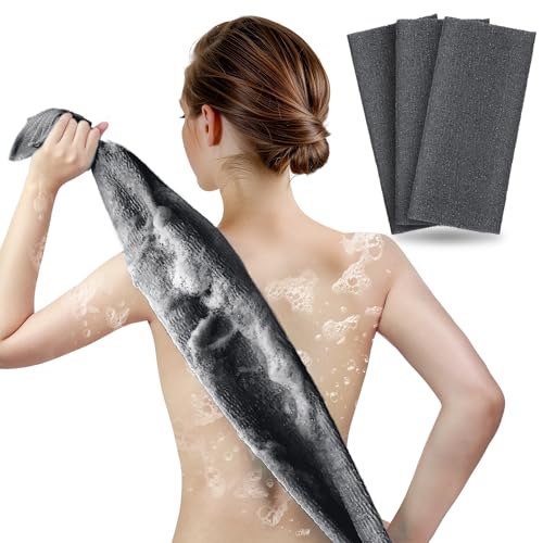 ARCH&M Exfoliating Washcloth Body Scrubber Back Scrubber for Shower Japanese Beauty Washcloth Bath Wash Cloth Korean Exfoliation Luffah Towel Net Sponge Loofah Scrub 3 Pack (Black x 3)