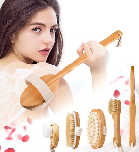Premium Dry Brushing Body Brush Set for Lymphatic Drainage and Cellulite Treatment, Boar Bristle Long Handle Face Cleansing Brush for A Glowing Skin, 5 Pack