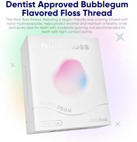 Something Nice NanoFloss Threader for Teeth, Vegan Dental Floss Thread, nHAP1000D Polyester Fiber Waxed with Nano Hydroxyapatite for Enamel Care Kid Friendly, Bubblegum Flavored, 42M
