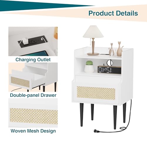 FinerFurnis Rattan Nightstands Set of 2 with Charging Station, Farmhouse Side Table with Drawer & Open Shelf, Freestanding End Table with Sturdy Wood Legs for Bedroom, Living Room, White