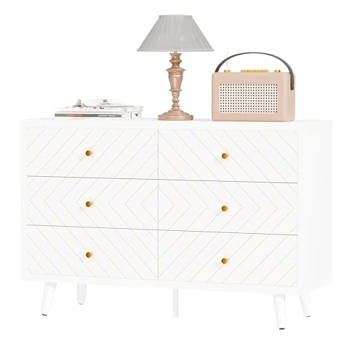 FNCK White Dresser for Bedroom, 6 Drawer Dresser with Wide Drawer, Wood Dressers & Chests, TV Stand for 50" TV, Modern Storage Cabinet for Dorm, Hallway, Dressers and Nightstand Sets