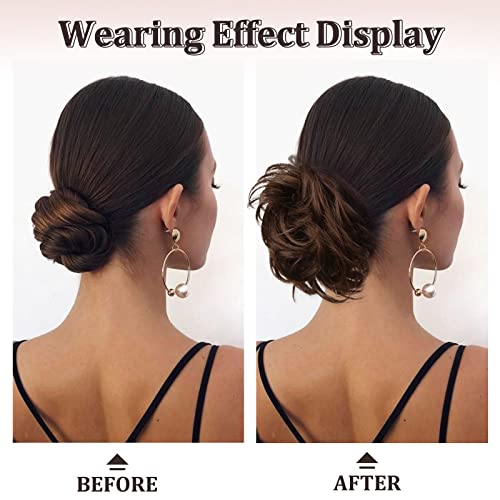 RUWISS Claw Clip Messy Bun Hair Piece Real Human Hair Buns Wavy Curly Chignon Hair Bun Extensions Tousled Updo Hair Buns Claw Clip Ponytail Hairpieces - Brown with Blonde Highlights