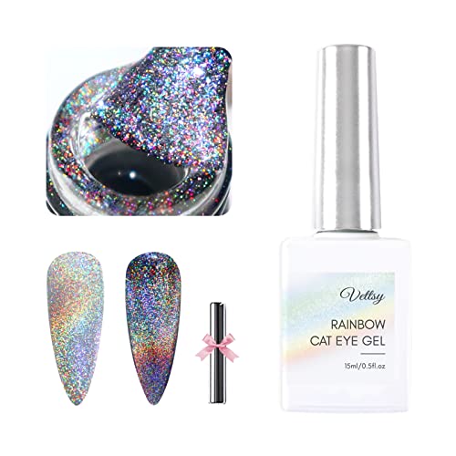 Vettsy Universal Rainbow Cat Eye Gel Nail Polish, Soak off Holographic Laser Cat Eye Gel Nail Polish Galaxy Chameleon Magnetic Gel with Magnetic Stick for Salon Designs and DIY Manicure Art 15ML