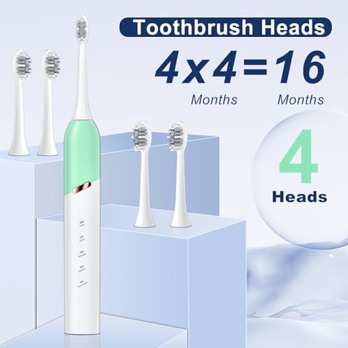 Electric Toothbrush for Adults, 5 Modes Sonic Toothbrush with 4 Brush Heads, 50000 VPM Deep Clean, 100-Day Battery Life, IPX7 Waterproof Rechargeable Toothbrushes Built-in Smart Timer, Green
