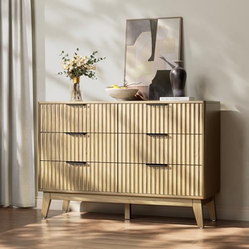 Butinsx Modern 6 Drawer Dresser, Natural Oak, Fluted Wave Design, Rounded Corners, Dresser TV Stand, 48" Wide Chest of Drawers for Bedroom and Living Room