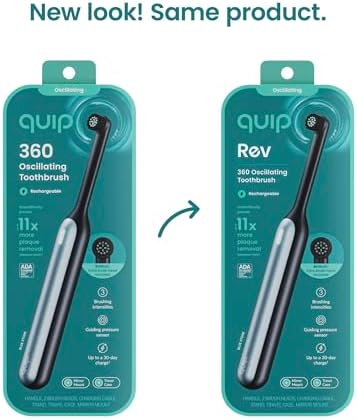Quip Rev 360 Oscillating Rechargeable Electric Toothbrush with Extra Brush Head - Soft Bristles, Pressure Sensor, 3 Intensities, 30-Day Battery Life, Travel Case, Mirror Mount - Blue Stone