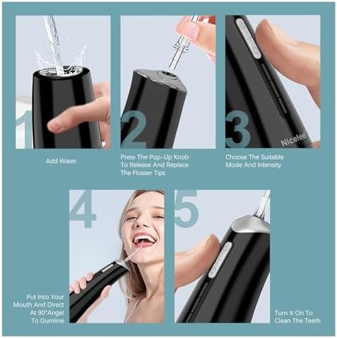 Nicefeel Water Dental Flosser Pick for Teeth 3 Modes Cordless Portable Water Teeth Cleaner Ipx7 Waterproof Oral Irrigator 300ml Tank Water Teeth Cleaner Rechargeable Flossing (Black, 4 Modes)