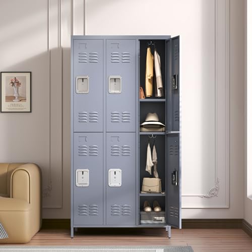 Storage Locker Cabinet, with 6 Doors and Lock, Gray, Durable & Easy to Maintain, for Living Room, Bedroom, and Kitchen