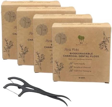 Vegan Biodegradable Dental Floss Picks (200 Count) - Natural | Sustainable | Eco-Friendly | Charcoal Dental Flossers for a Zero Waste Oral Care (3 Inch)