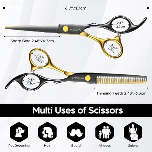 Professional Black Gold Hair Scissors 6.89" Teeth Japanese Stainless Steel Multifunctional Salon Thinning Scissors Straight Shears Tools for Men Women Home Salon Barber