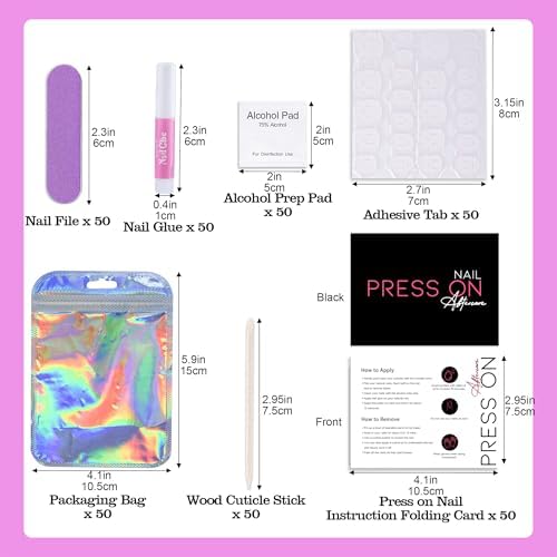 Press On Nail Tool Kit for Nail Business, Nail Prep Application Disposable Kit with Nail File, Nail Glue, Prep Pads, Instruction Card, Adhesive Nail Tabs, Wood Stick, Holographic Bag (50pcs in purple)
