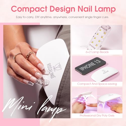ROSALIND Poly Nail Gel Kit -8 Colors + White Brown Accessories Clear Nude Poly Nails Gel Starter Kit With Slip Solution Nude Pink Extensions Set with Mini UV Lamp