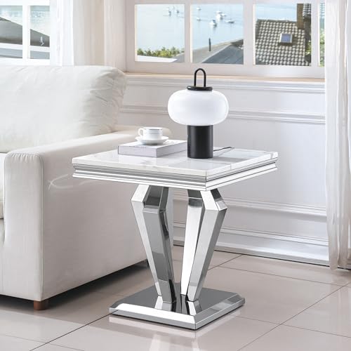 Marble End Table for Living Room, 22.8" Modern Suqare Sofa Side Table with Silver Stainless Steel Base, White Faux Marble Nightstand Bedside Table Corner Table for Bedroom, Home Office