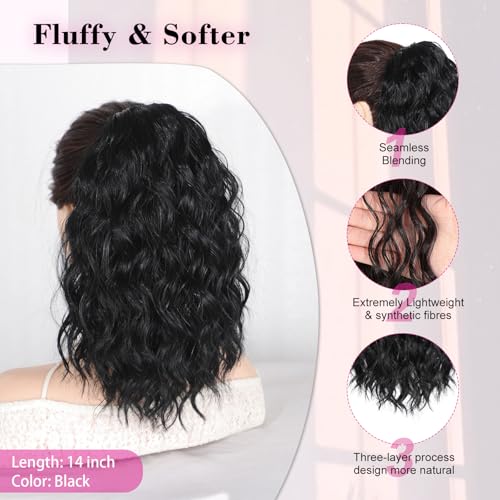 QGZ Black Ponytail Extension 14 Inch Drawstring Ponytail for Women Synthetic Short Curly Wavy Fluffy Clip in Ponytail Hair Extensions for Daily Halloween Use