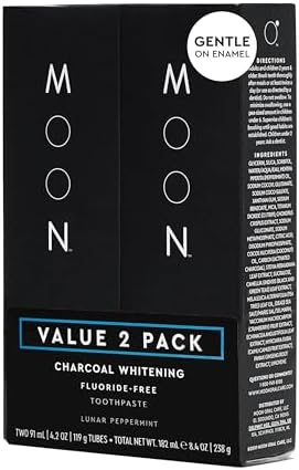 MOON Charcoal Toothpaste, Whitening Stain Removal for Everyday Brightening - SLS Free Teeth Whitening Toothpaste Without Fluoride - Vegan - Reduce Plaque & Support Gum Health - Peppermint (2 Pack)