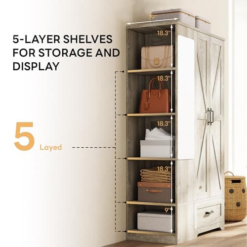 LIKIMIO Armoire Wardrobe Closet 70 Inches, Large Storage with Mirror, 2 Doors, Drawer, and Shelves, Modern Bedroom Freestanding Wooden Wardrobe Combination with Hanging Rail, Rustic Maple