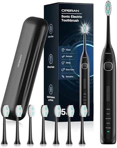 Operan Electric Toothbrush for Adults and Kids Rechargeable Sonic Toothbrush with 5 Modes 2-Min Smart Timer IPX7 Waterproof 40,000 VPM Motor with 8 Brush Heads & Travel Case (Black, 1Pack)