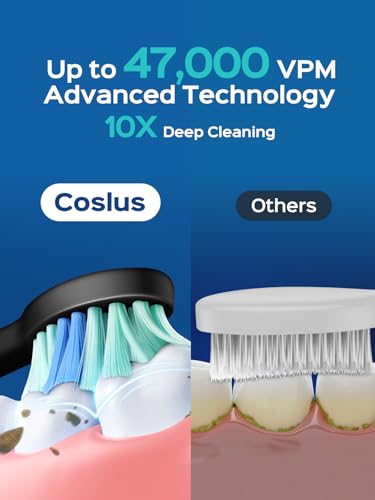 COSLUS Sonic Electric Toothbrush for Adults: 47000 VPM for Deep Cleaning & Whitening with Travel Case - 5 Modes for Sensitive Teeth & Braces, Wireless Charging, 6 Brush Heads for Home Family, Black