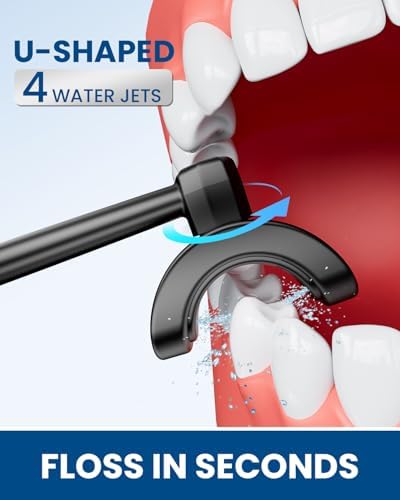 Water Flosser for Teeth Cleaning with 4 U-Shaped Jet, 350ML Rechargeable, Cordless Water Dental Flosser with 4 Modes & 4 Adjustable Levels, Cleans Inner/Outer Teeth for Home and Travel