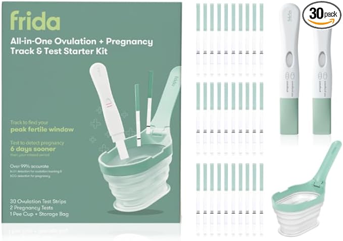 Frida Fertility All-in-One Ovulation & Pregnancy Test Kit – 30 Easy at-Home LH Strips, Ovulation Tracker, 2 Early Detection Pregnancy Tests & Reusable No-Mess Pee Cup
