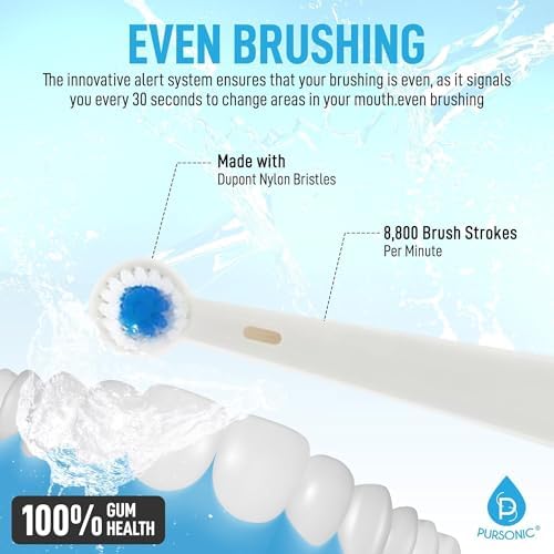 Pursonic Rotating Electric Toothbrush for Adults with 3 Brush Heads - Toothbrush Electric with 3 Cleaning Modes - USB Rechargeable Toothbrush with 2 Minute Smart Timer (White)