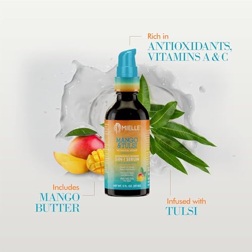 Mielle Organics Mango & Tulsi Nourishing 3-in-1 Hair Serum - Hair & Scalp Serum for Frizz Control, Split Ends & Moisture Balance - Strengthens & Seals Cuticles with Nutrients (12 Fl Oz)