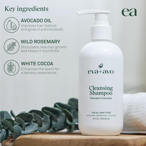 Eva + Avo Cleansing Shampoo with Avocado, Rosemary, Vitamins – Deep Cleansing Shampoo Build Up Remover for All Hair Types – Color-Safe – 2pcs