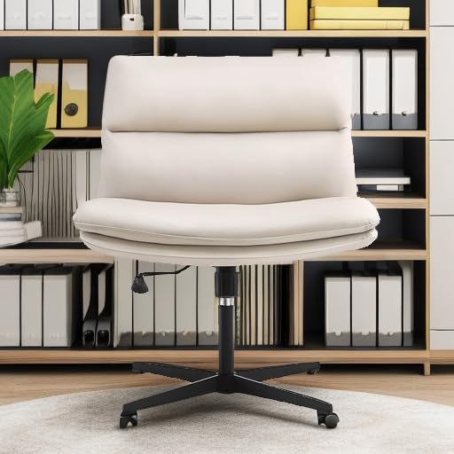 EMIAH Armless Office Desk Chair No Wheels PU-Padded Vanity Mid-Back Ergonomic Home Computer Comfortable Adjustable Swivel Task Chair with Thickened Cushion