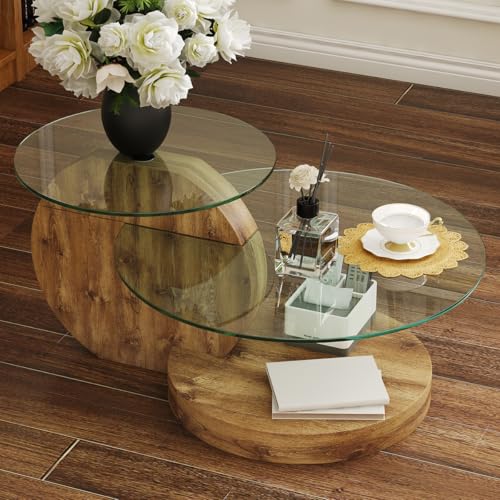 JCXINMZILY 35 Inch Glass Coffee Table，Round Coffee Table with 2-Tier Tempered Glass Tabletop，Easy to Clean Circle Coffee Table with Sturdy Base for Living Room，Office （Brown Colored Base）