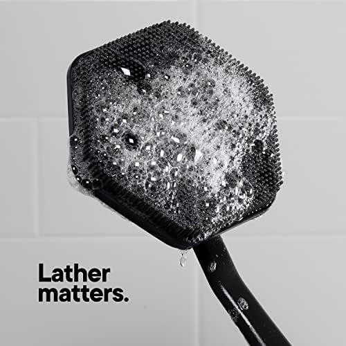 TOOLETRIES Silicone Back Scrubber with Hook - Exfoliating Shower Brush, Back Washer for Men, Durable Back Brush with Long Handle - Long Lasting Bath & Shower Accessories - Charcoal