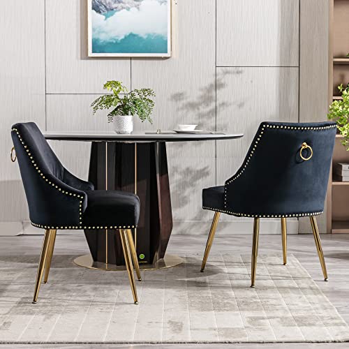 KCC Velvet Dining Room Chairs Set of 2 Nailhead Back Ring Pull Trim with Gold Legs for Kitchen Living Room(Black)