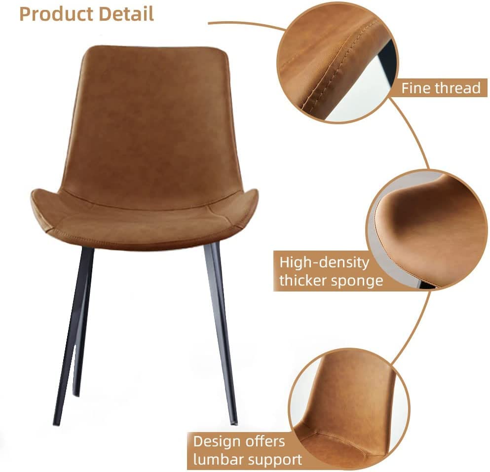 HIPIHOM Dining Chairs Set of 2, Modern Kitchen & Dining Room Chairs, Upholstered Faux Leather Cushion Seat and Sturdy Metal Legs (2 Brown Chairs)