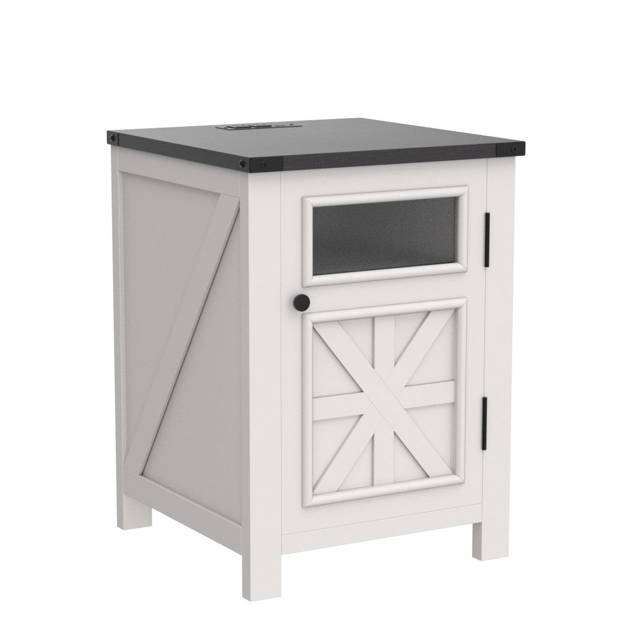 JXQTLINGMU Farmhouse End Table with Charging Station, 18'' Rustic Nightstand with Barn Door & Adjustable Shelf, Wooden Sofa Side Table with 3-Tier Storage for Living Room, Bedroom, White